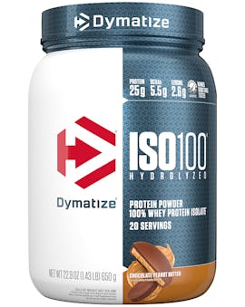 A single tub of Dymatize ISO100 Chocolate Peanut Butter