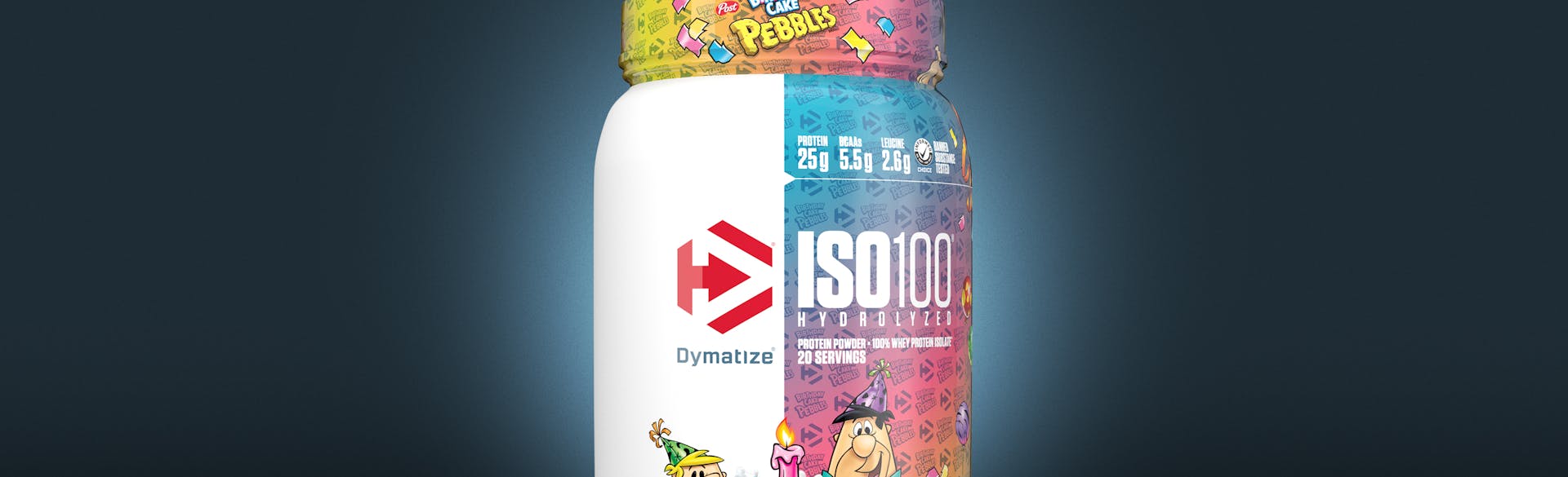 A single tub of Dymatize ISO100 Pebbles Birthday Cake