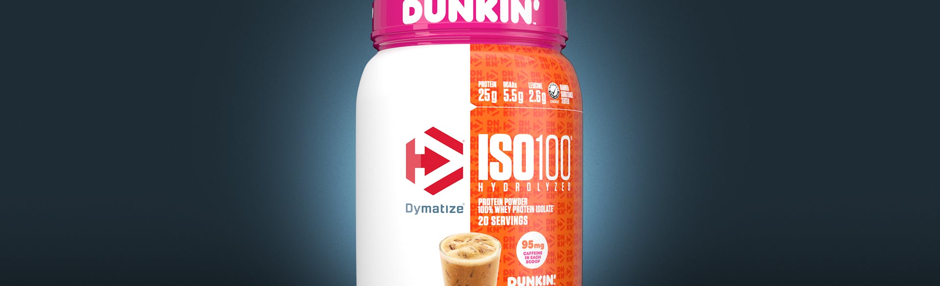 A single tub of Dymatize ISO100 Dunkin Mocha
