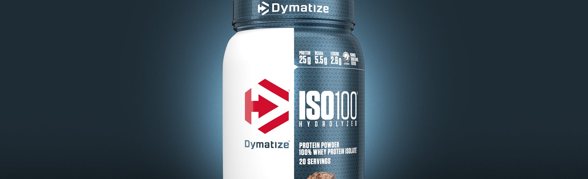 A single tub of Dymatize ISO100 Fudge Brownie