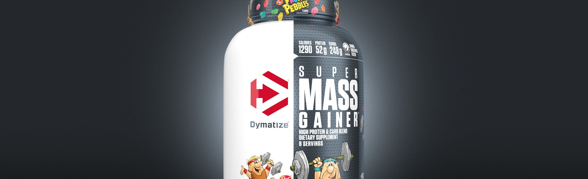 A tub of Super Mass Gainer Fruity Pebbles.