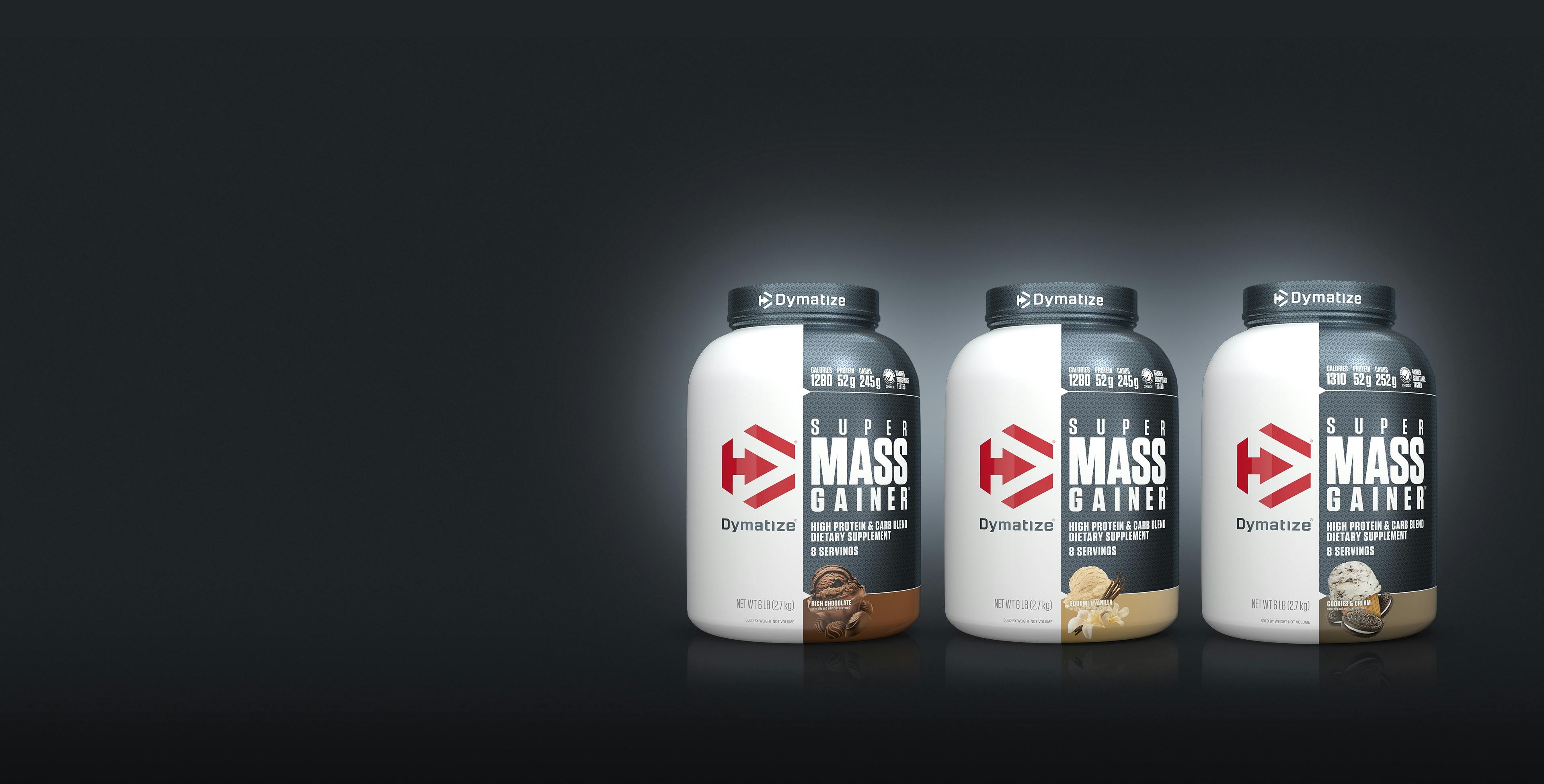 A collection of various Dymatize Gainer products.