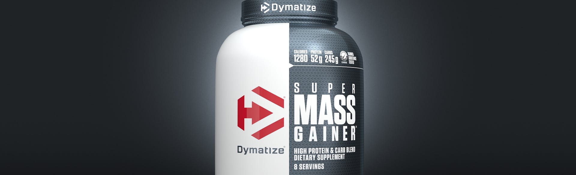A single tub of Dymatize Super Mass Gainer Gourmet Vanilla