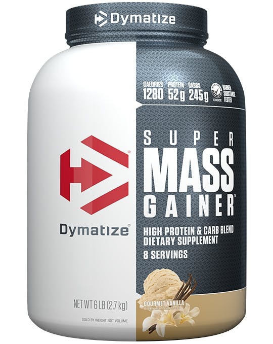 A single tub of Dymatize Super Mass Gainer Gourmet Vanilla