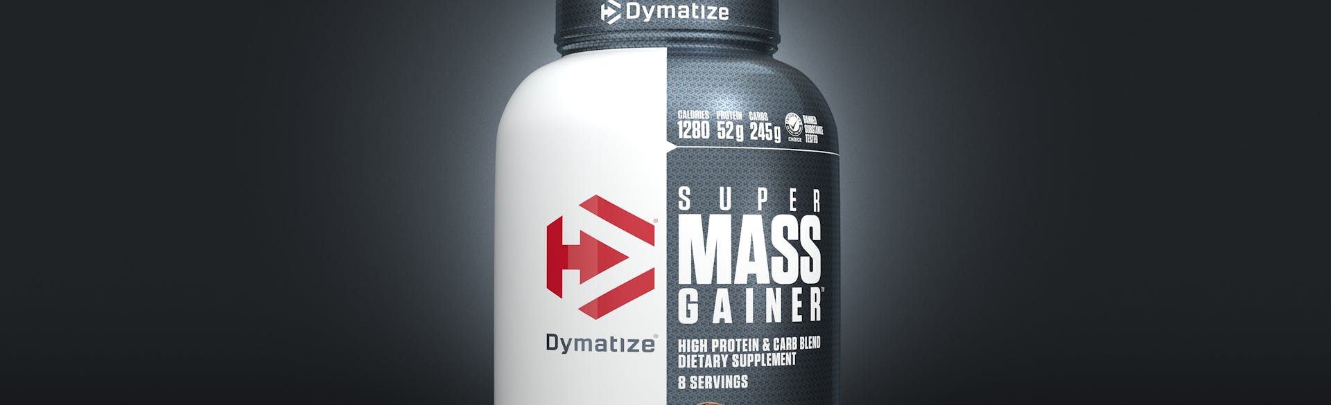 A single tub of Dymatize Super Mass Gainer Rich Chocolate