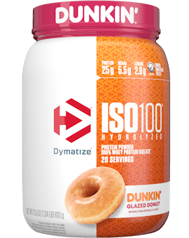 A tub of Dymatize ISO100 Dunkin Glazed Donut Flavor